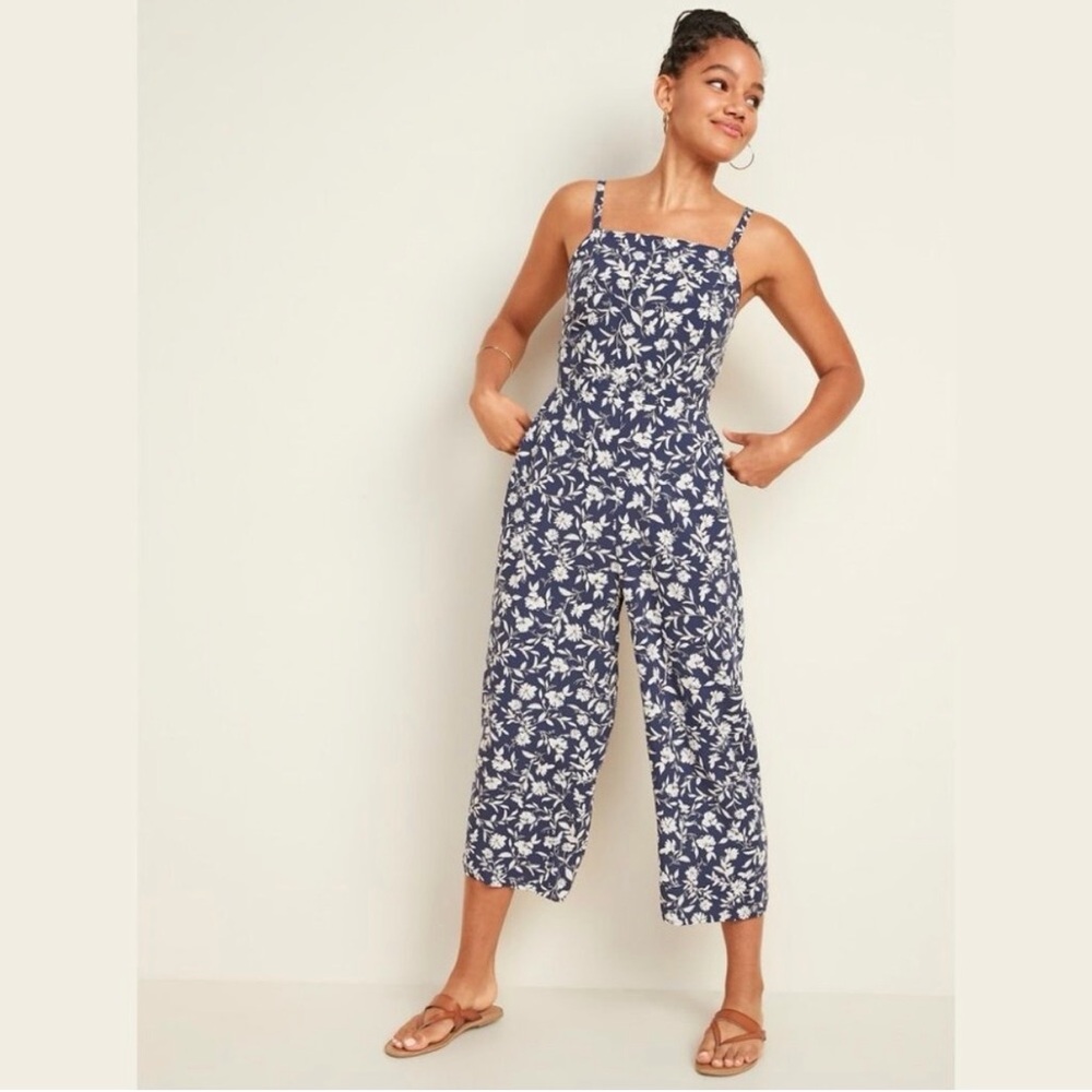 Old Navy Navy Blue and White Floral Jumpsuit